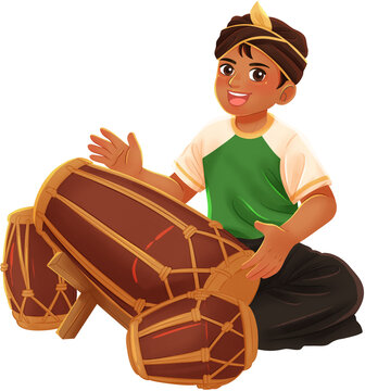 Boy Student Playing Traditional Kendang Drum Illustration