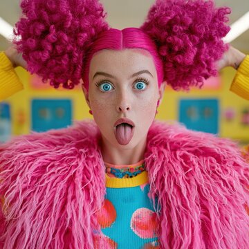 Playful woman making funny face with pink hair