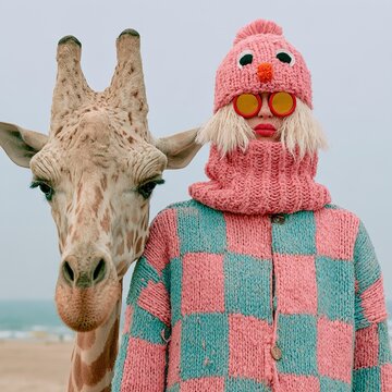 Giraffe and woman posing in quirky knitwear on beach