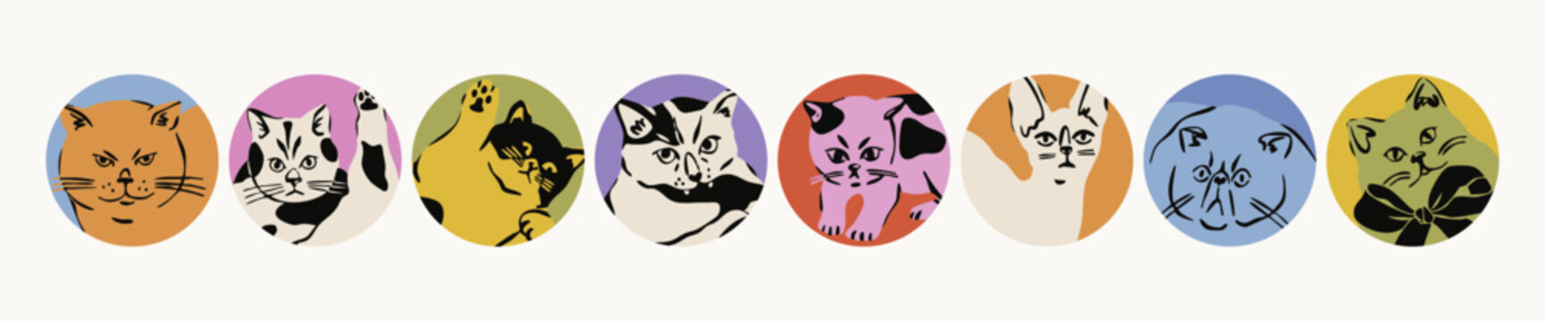Cats, kittens avatars. Round colorful icons, stickers. Different face expressions. Cute funny characters. Playful domestic animals. Hand drawn trendy Vector illustration. Isolated design elements