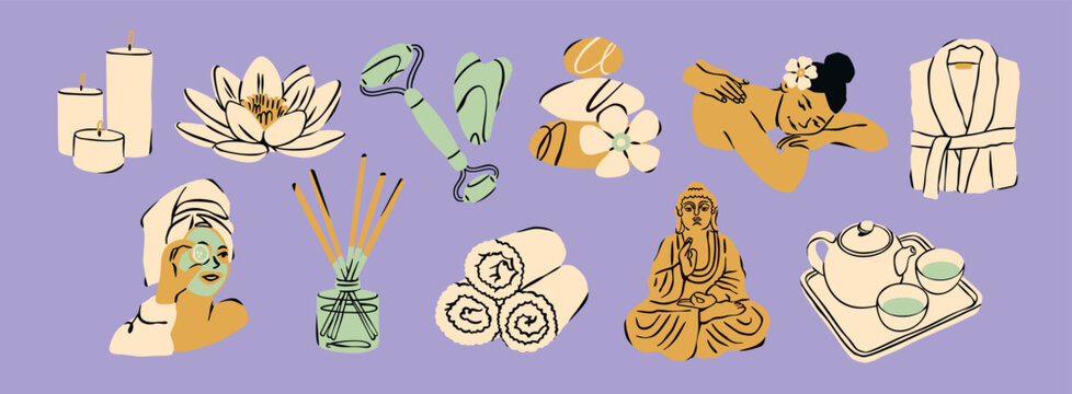 Spa icons set. Candles, lotus flower, gua sha stone, bathrobe, face mask, massage, rolled towels, aroma diffuser, Buddha statue. Hand drawn Vector illustration. Wellness, self care, relaxation concept