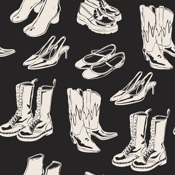 Different shoes. Heeled summer shoes, ankle, high cowboy boots, loafer. Casual leather footwear for women, men. Hand drawn modern Vector illustration. Trendy monochrome style. Square seamless Pattern