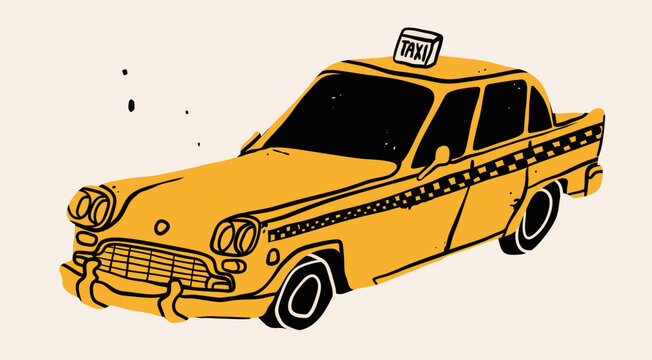 Taxi, cab car. Retro, vintage vehicle. Cartoon unique style. Automobile, motor transport, passenger transportation concept. Hand drawn trendy Vector illustration. Isolated design element