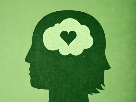 Silhouette head with brain and heart cloud