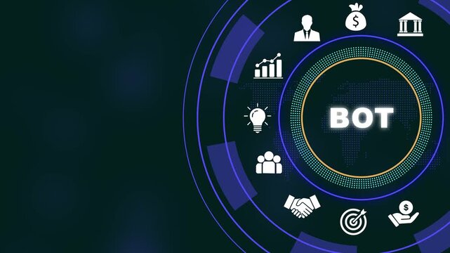 Advanced digital bot technology concept featuring animated hud interface with global business financial growth charts, and automated artificial intelligence systems for modern corporate data analysis