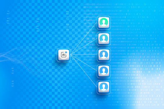 AI network icon connecting to multiple user profile avatars with data analytics and binary code background. Artificial intelligence, machine learning or user data management concept.