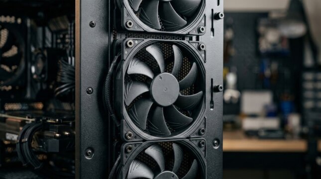 A detailed close-up shot of a server cooling fan mounted on the front panel of a computer chassis inside a workshop environment with visible internal hardware components