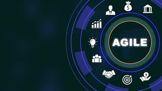 Agile methodology business concept animation featuring digital hud interface with corporate global strategy growth charts, team collaboration symbols, and financial success for modern tech