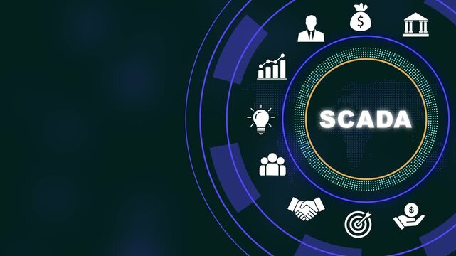 Advanced scada system digital interface featuring animated industrial automation network connectivity, global data monitoring, cyber security infrastructure, and modern corporate technology
