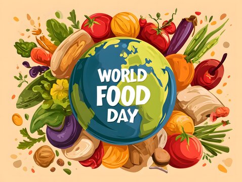 World food day illustration with colorful vegetables and globe