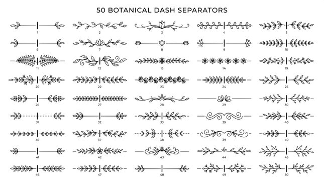 Set of 50 hand drawn botanical line separators with floral elements and branches botanical dividers ornamental flourishes