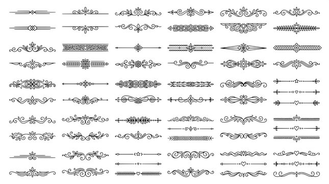 Collection of decorative flourish text dividers and retro borders isolated on white background with text divider