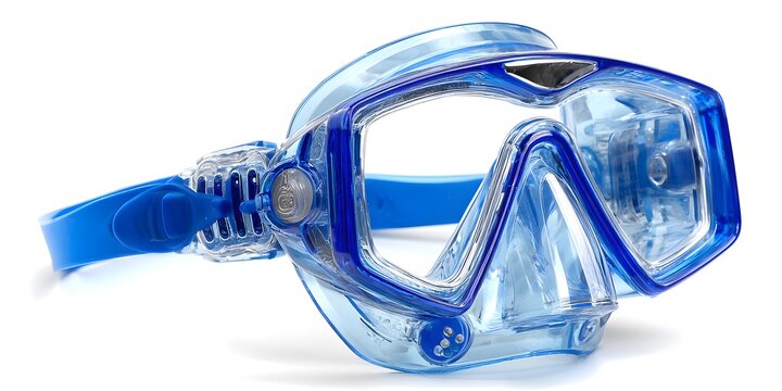Blue snorkeling mask with clear lens and adjustable strap isolated on white background.
