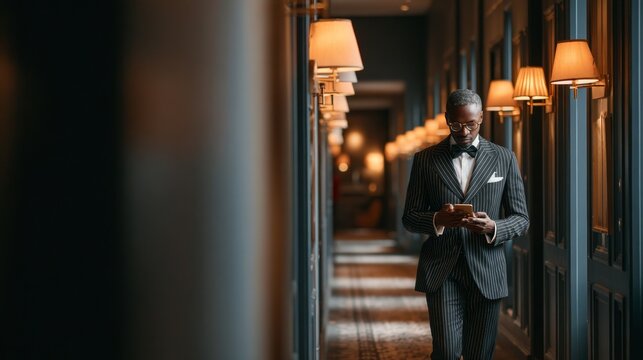 A man in a pinstripe suit walks down a hotel corridor using a phone against a warm background.