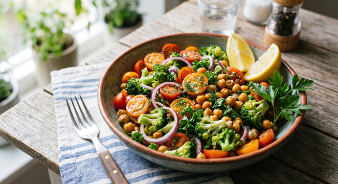 Fresh vegetable salad with chickpeas and lemon slices on wooden table