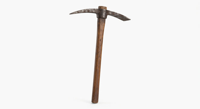 Traditional pickaxe with wooden handle and metal head on white background