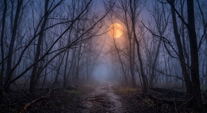 Foggy forest path illuminated by full moon, bare trees lining the trail