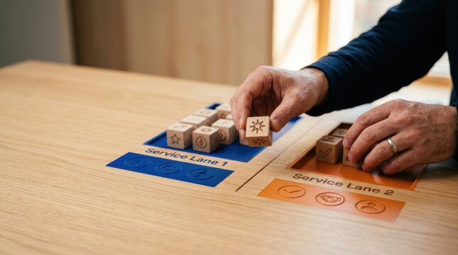 customer service experience personalization. Elderly person organizing wooden blocks with symbols on a table, focusing on service zones.