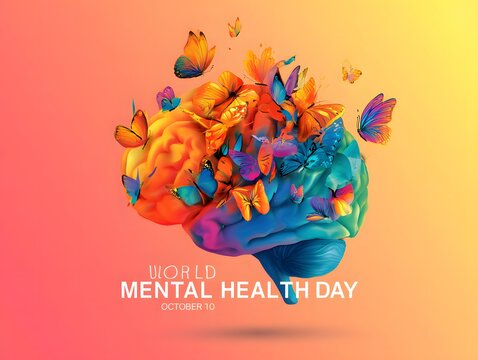 World mental health day colorful brain with butterflies