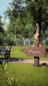 Wooden directional arrow sign pointing to Paris in a sunny park, rustic timber signpost on a green lawn, scenic summer garden landscape isolated on Transparent Background