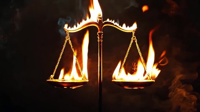 A scale on fire shows the struggle for balance in a world of justice and morality