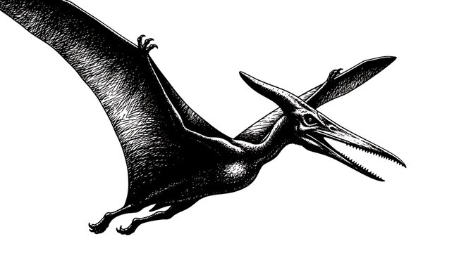 Black and white engraving style illustration of a flying pterodactyl dinosaur