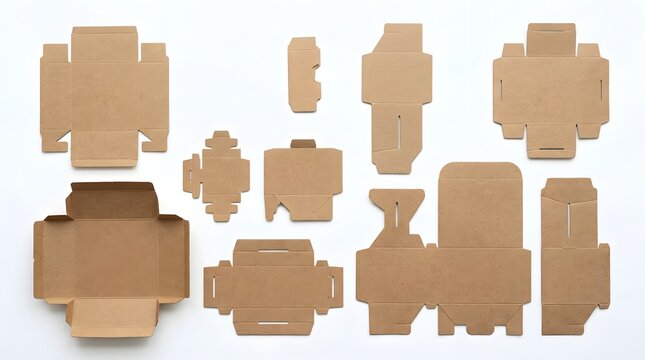 Variety of flat cut brown cardboard box templates for assembly and packaging