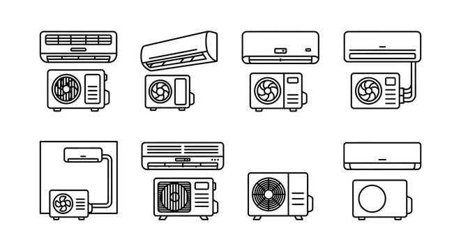 Assortment of air conditioning units in a black vector illustration