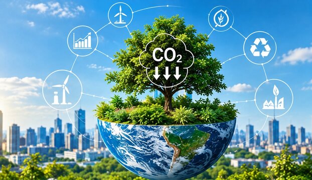 a conceptual illustration of environmental sustainability, featuring a globe shaped like a half-sphere with a lush green tree on top, a central CO2 reduction icon, and various renewable energy symbols