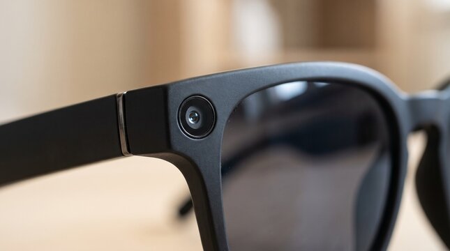 Macro close-up of matte black smart glasses frame with integrated camera lens in natural daylight on neutral background