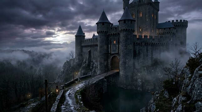 Ancient stone castle in a misty forest at dawn for video game art.