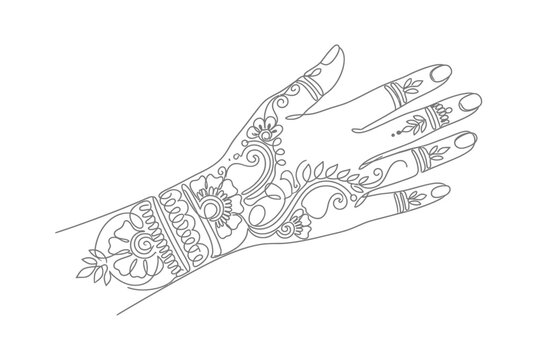 Hand with intricate traditional henna mehndi design line art.