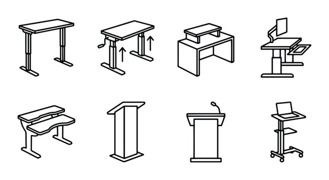 Adjustable Desks, Podiums, and Workstations: Ergonomic Office Furniture Icons