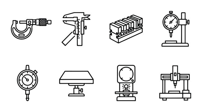 Precision Measuring Tools Icons: Micrometer, Caliper, Gauge, CMM, Comparator, Height Gauge