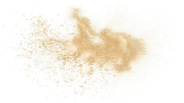 Explosion of brown sand particles with particles captured dynamic on transparent background