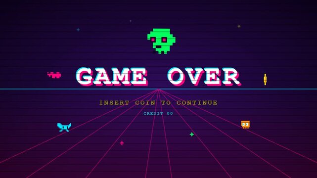 Retro arcade game over screen with glowing pixel text and grid lines