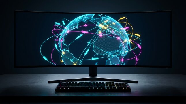 Conceptual image of a curved monitor displaying a textless 3D global supply chain map
