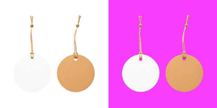 Four hanging round tags with twine strings on vibrant background transparent png