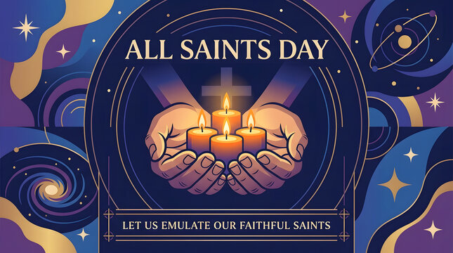 Hands holding glowing candles for All Saints Day celebration with religious cross and cosmic design