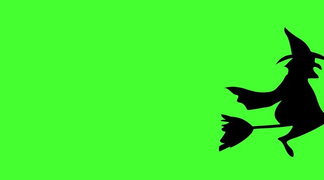 Black Silhouette Witch Flying on Broomstick Halloween Animation Loop on Green Screen Chroma Key