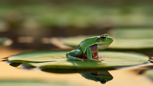 Green frog shifts its stance on broad lily pad above calm reflective water, holding side profile as warm golden light and soft green background frame its glossy body