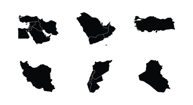 Middle east map silhouettes collection flat vector graphic on white background