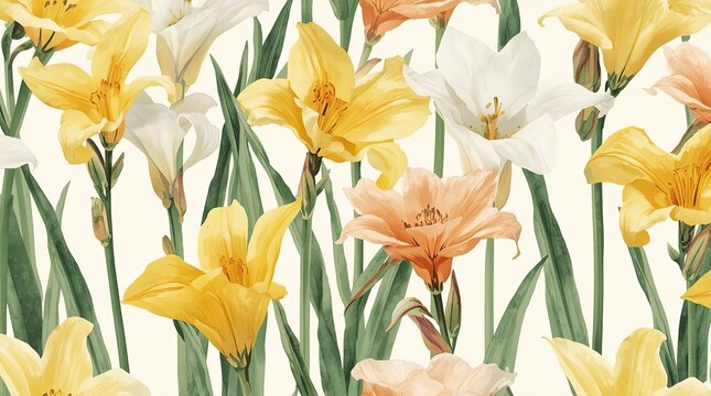Watercolor Yellow, White, And Peach Lily Background
