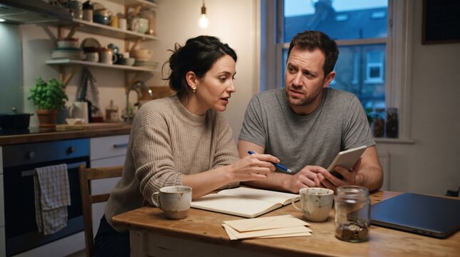 A couple sits at a kitchen table reviewing household finances together, using a calculator and notebook while coins collect in a glass jar nearby.