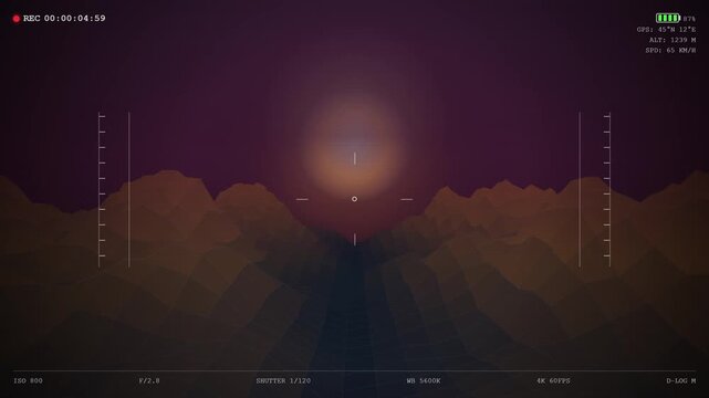 Drone flight simulation over low poly mountain landscape with heads up display overlay