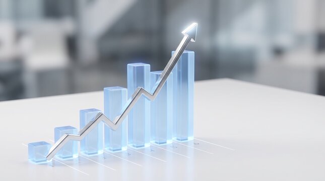 3D financial growth chart featuring ascending blue glass bars and a shiny chrome arrow pointing upward on a white surface in a blurred office setting