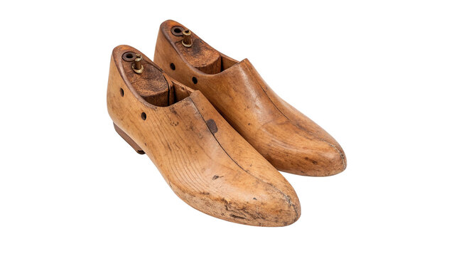 Pair of vintage rustic brown wooden shoe lasts isolated on transparent background