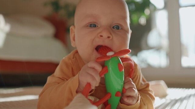 Adorable infant boy with blue eyes lying on his tummy, putting a colorful plastic toy in his mouth to soothe his gums. The curious baby is exploring the world and chewing on a teether