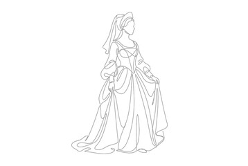 Fototapeta premium Medieval noblewoman in historical gown line drawing.