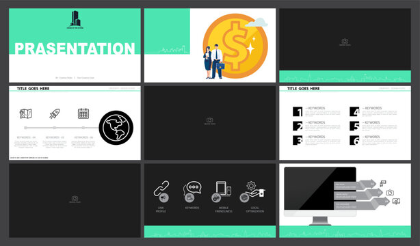 Green presentation design template on white background. PowerPoint, business project, photo, set. Businessman analyzes financial income. Use in annual report, marketing advertising. Vector infographic
